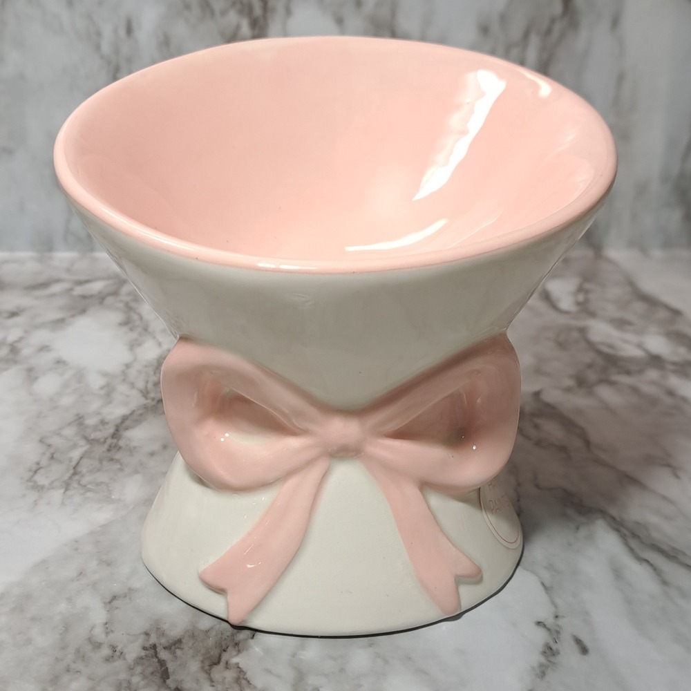 Mellow & Mod Pink‎ /White Bow Cat Drinking Water Tall Bowl Hand Painted